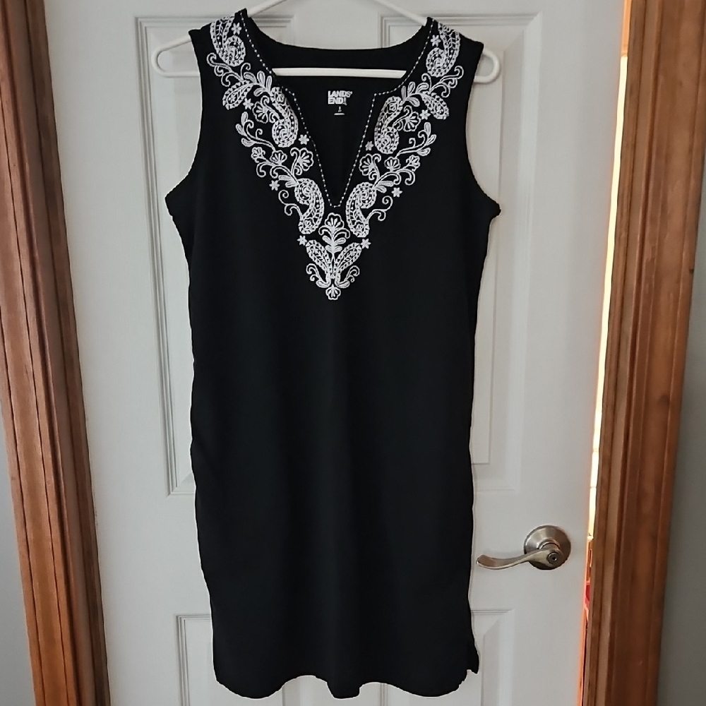 Lands' End Black Dress with White Embroidery